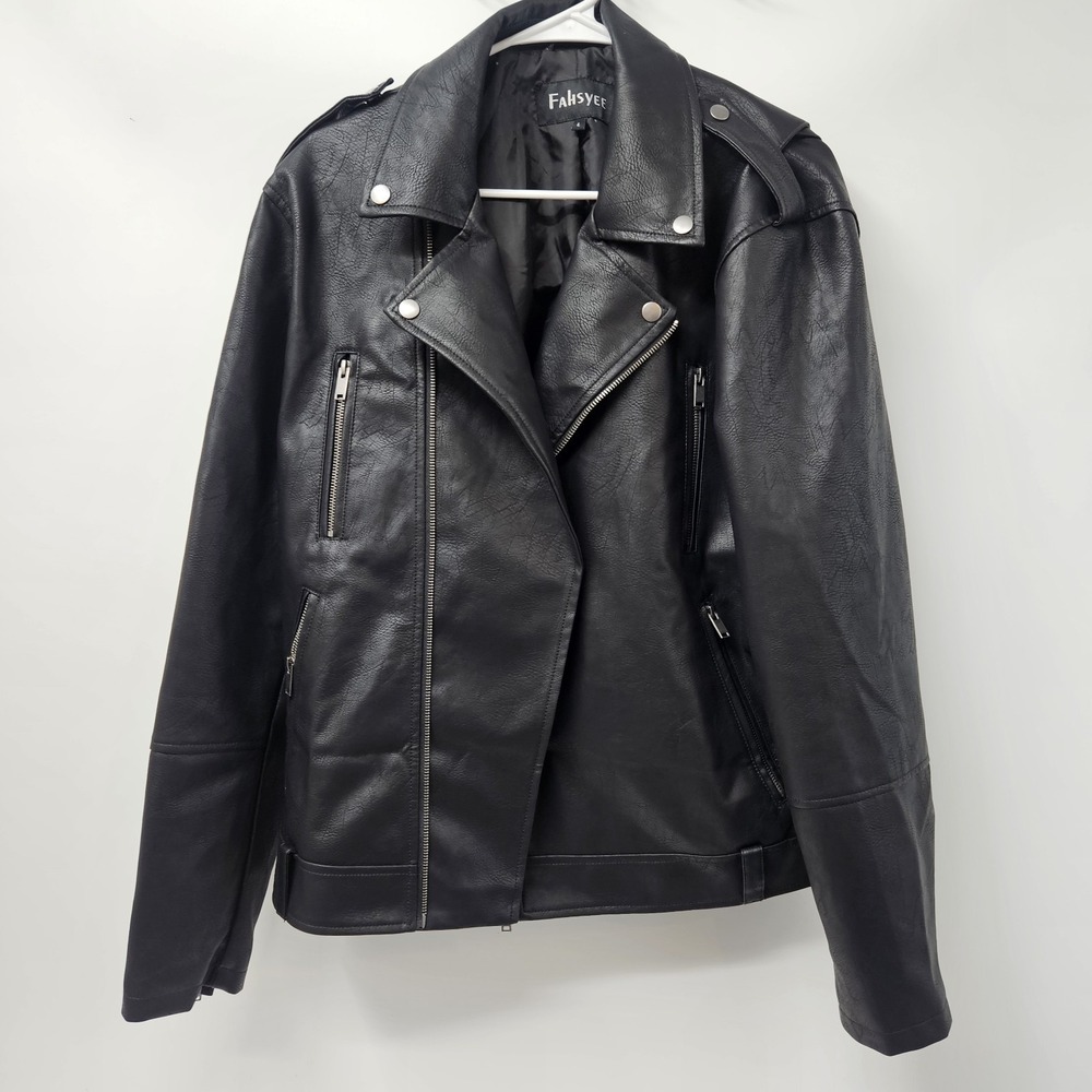 Fahsyee Women's Large Faux‎ Leather Motorcycle Jacket. Black.